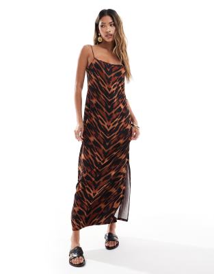 Asos Design Cami Strappy Maxi Dress With Side Slit In Leopard Print-brown