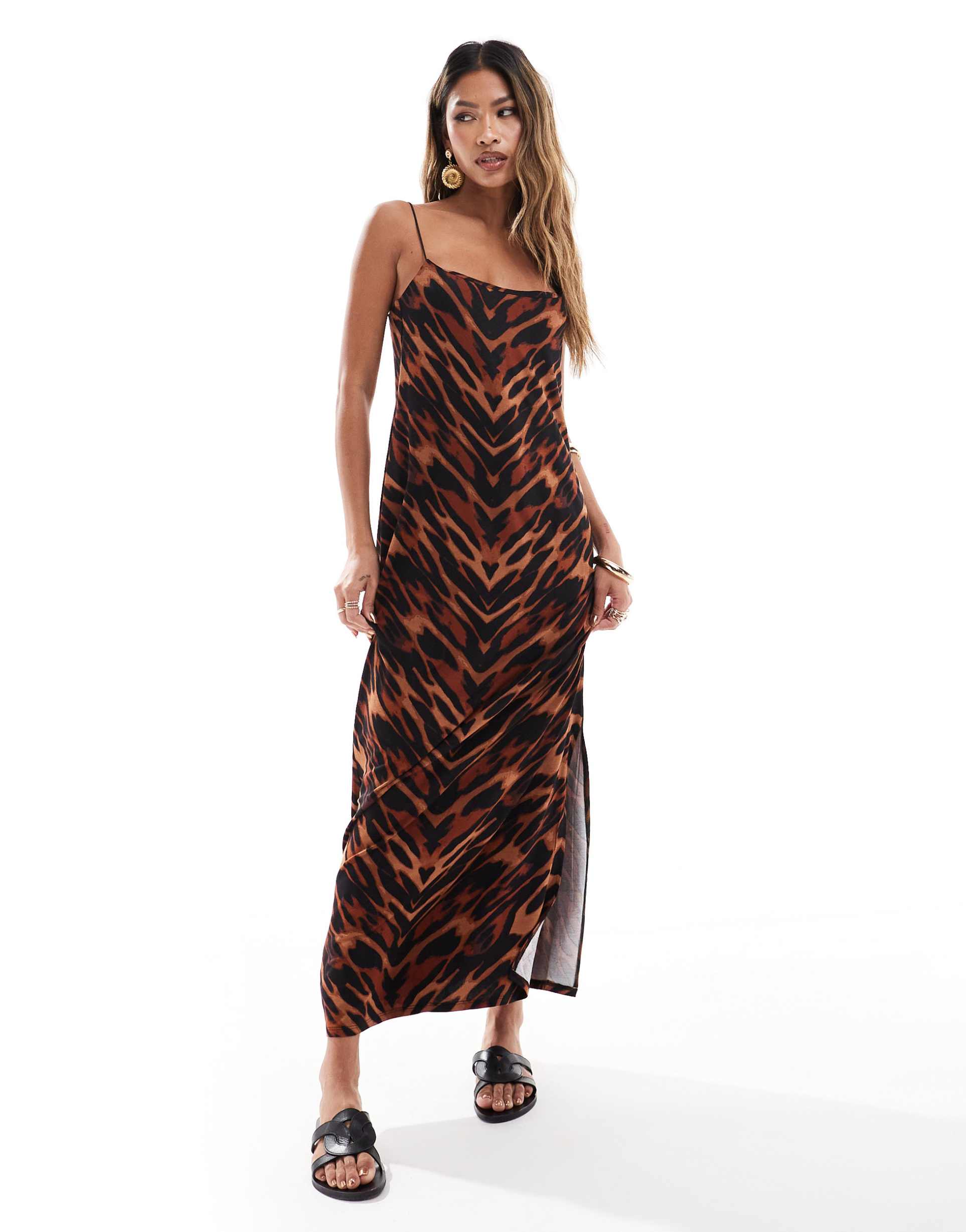 asos design cami strappy maxi dress with side slit in leopard print