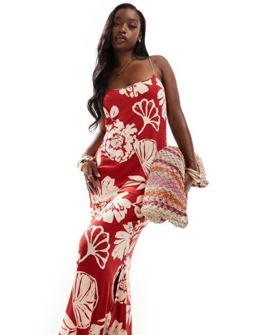 ASOS DESIGN cami strappy maxi dress with side split in red floral print ASOS