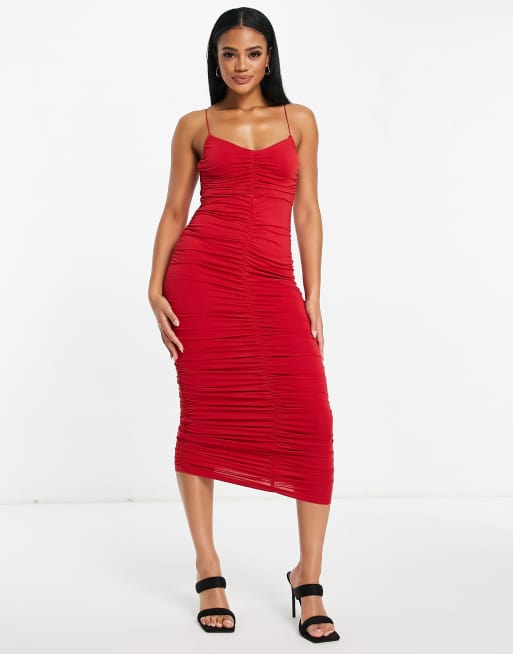 Asos Design Cami Strappy Midi Dress With Ruched Detail In Bright Red Asos 