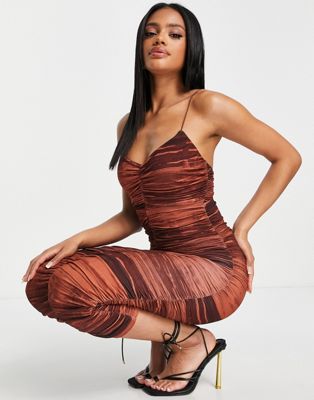 ASOS DESIGN cami strappy midi dress with ruched detail in rust tie dye print
