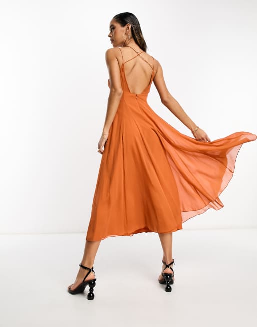 ASOS DESIGN cami strappy midi skater dress with godet in rust