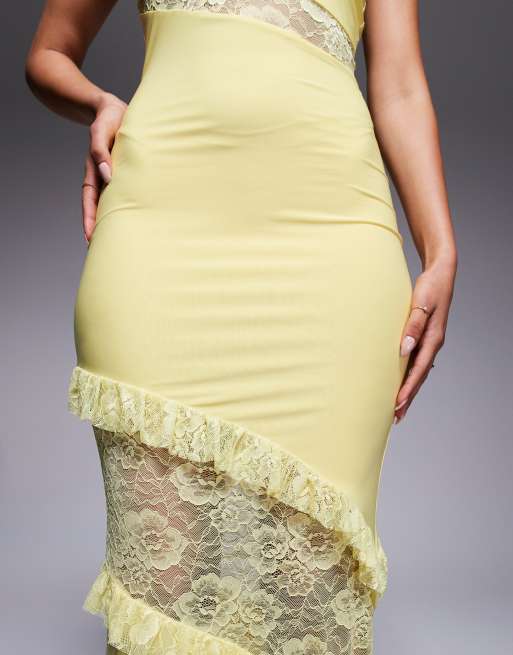 ASOS DESIGN cami straps lace panel maxi dress with ruffle details in pastel yellow