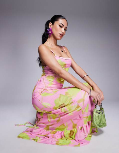 ASOS DESIGN cami straps maxi dress with lace up back and frill details in bright floral print - view 1