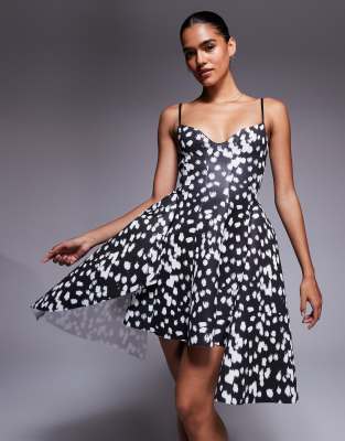 cami straps scuba mini dress with full hem sweep and asymmetric hem detailing in spotted print-Multi