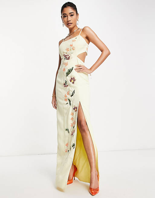  cami structured maxi dress with trailing floral embellishment 