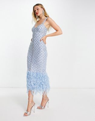 ASOS DESIGN cami sweetheart neck faux feather midi dress in dusky blue