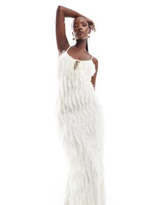Asos Design Cami Textured Ruffle Midi Dress With Keyhole Detail In Cream-white