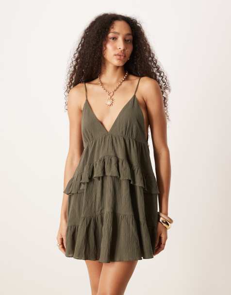 ASOS DESIGN cami tie back layered mini dress in khaki - view 1