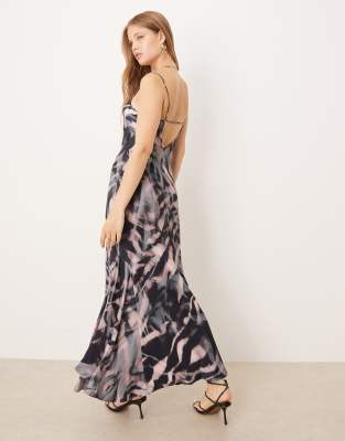 Asos Design Cami Tie Back Satin Slip Midi Dress In Multi
