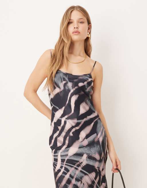 ASOS DESIGN cami tie back satin slip midi dress in zebra print, 3 of 4
