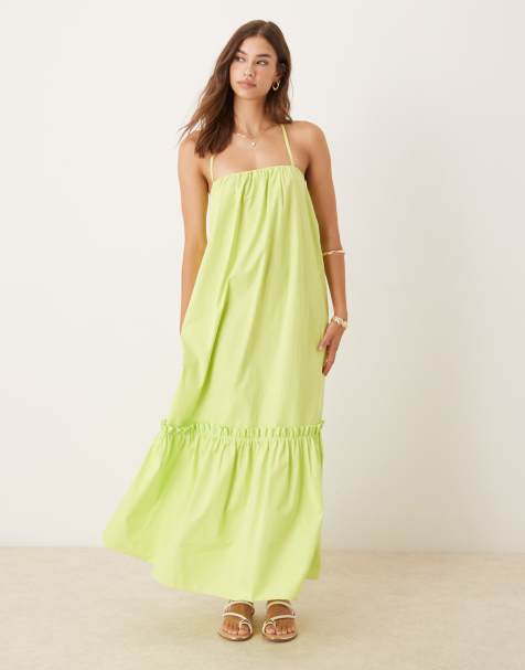 ASOS DESIGN cami tie-back trapeze poplin maxi dress in lime - view 1