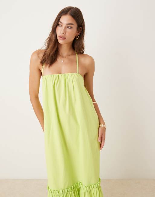 ASOS DESIGN cami tie-back trapeze poplin maxi dress in lime, 3 of 4