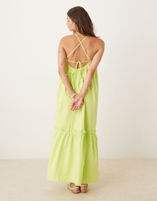 ASOS DESIGN cami tie-back trapeze poplin maxi dress in lime, 4 of 4