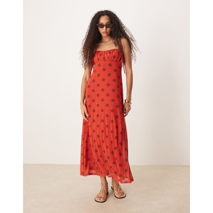 ASOS DESIGN cami tie strap midi tea dress in red polka dot print | ASOS