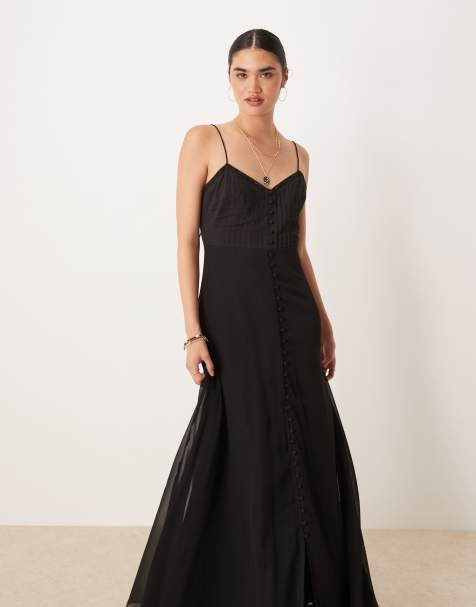 ASOS DESIGN cami tiered frill buttoned down maxi dress in black  - view 1