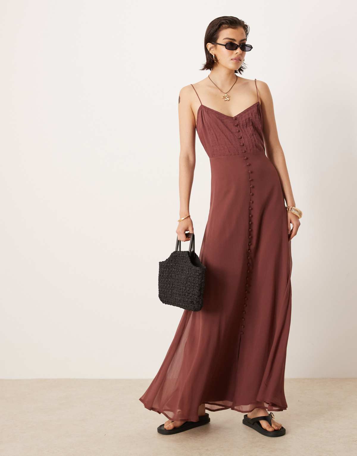 ASOS DESIGN cami tiered frill buttoned down maxi dress in chocolate
