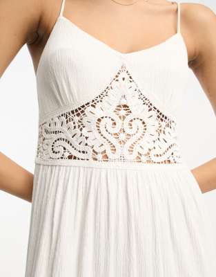 ASOS DESIGN cami tiered maxi dress with lace inserts and crochet waist in  cream