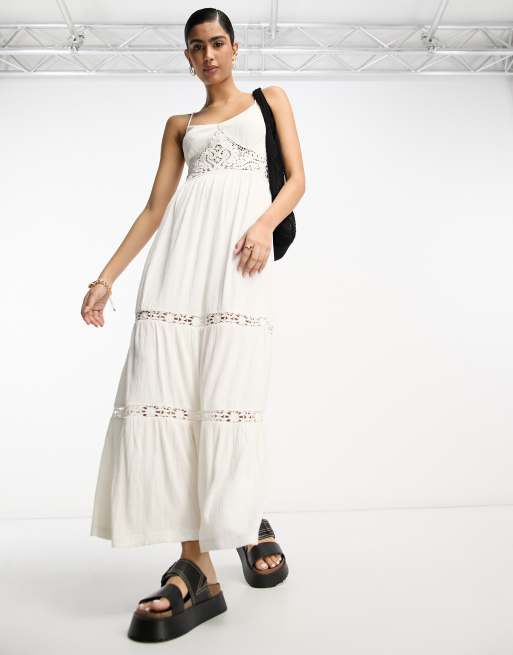 ASOS DESIGN cami tiered maxi dress with lace inserts and crochet waist in  cream