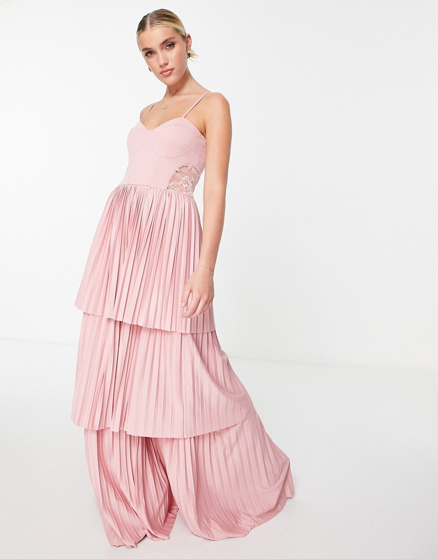 ASOS DESIGN Cami tiered pleated maxi dress with lace detail in blush pink-Multi