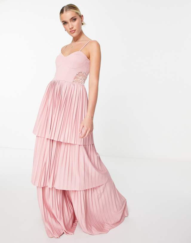 ASOS DESIGN Cami tiered pleated maxi dress with lace detail in Blush Pink