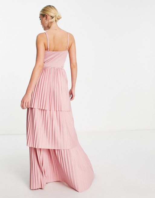 ASOS DESIGN Cami tiered pleated maxi dress with lace detail in Blush Pink