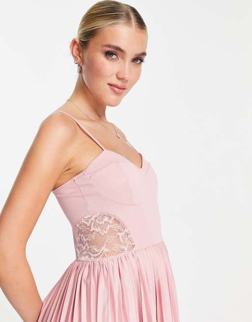 ASOS DESIGN Cami tiered pleated maxi dress with lace detail in blush pink