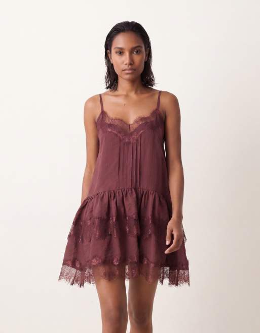 brown tiered mini dress ASOS DESIGN cami tiered ruffle lace detail satin mini dress in brown