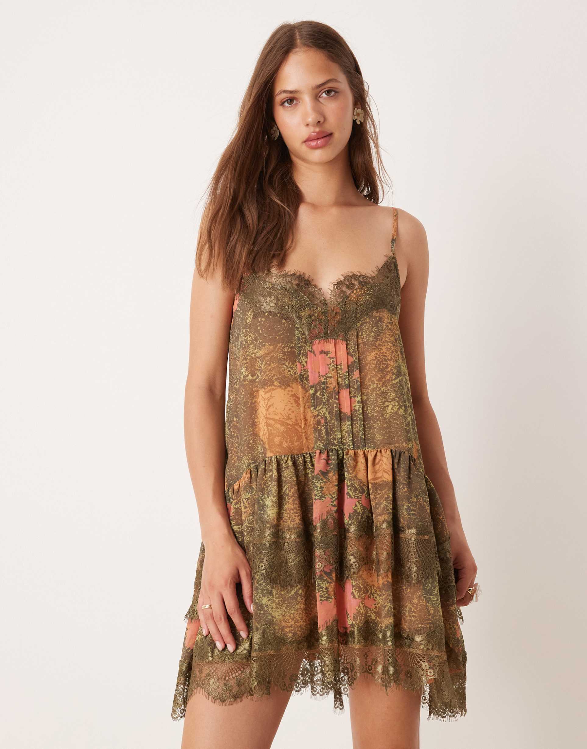 asos design cami tiered ruffle mini dress in khaki floral print