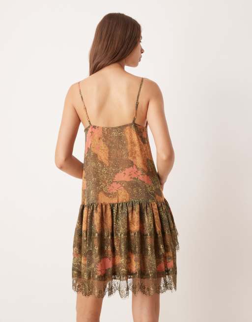 ASOS DESIGN cami tiered ruffle mini dress in khaki floral print, 3 of 4