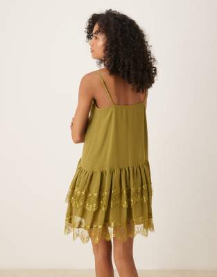 Asos Design Cami Tiered Ruffle Mini Dress In Green
