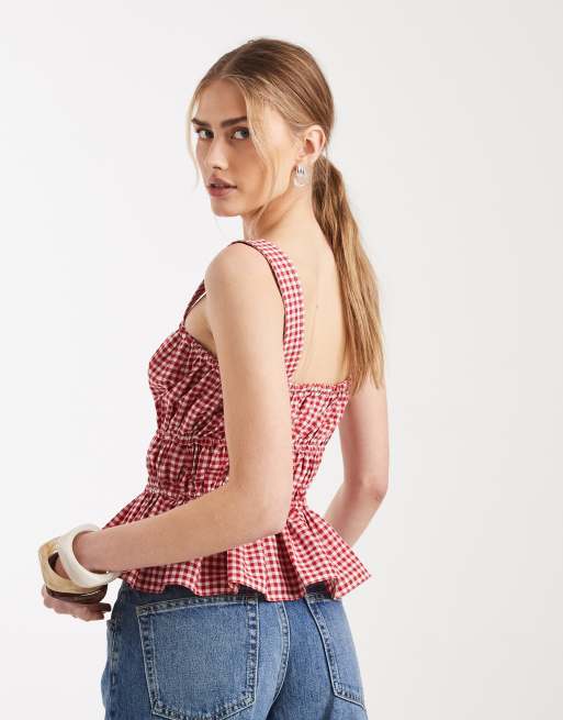 ASOS DESIGN - Cami top met gerimpeld detail en strikjes in rode ginghamruit, 4 van 4