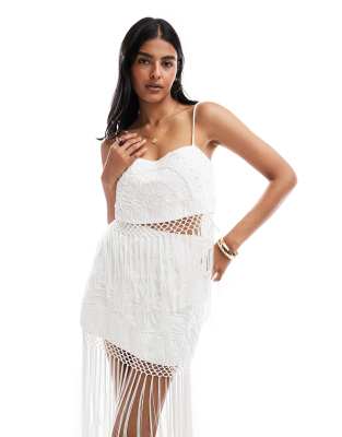 Asos Design Cami Top With Chain-stitch Embroidery And Fringe Detailing - Part Of A Set-white