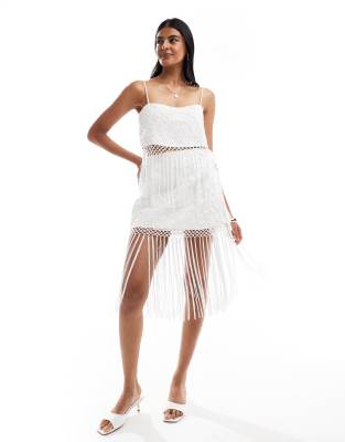 Asos Design Cami Top With Chain-stitch Embroidery And Fringe Detailing - Part Of A Set-white In White