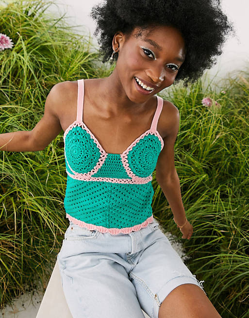 Women cami top with crochet cup detail in green/ pink 
