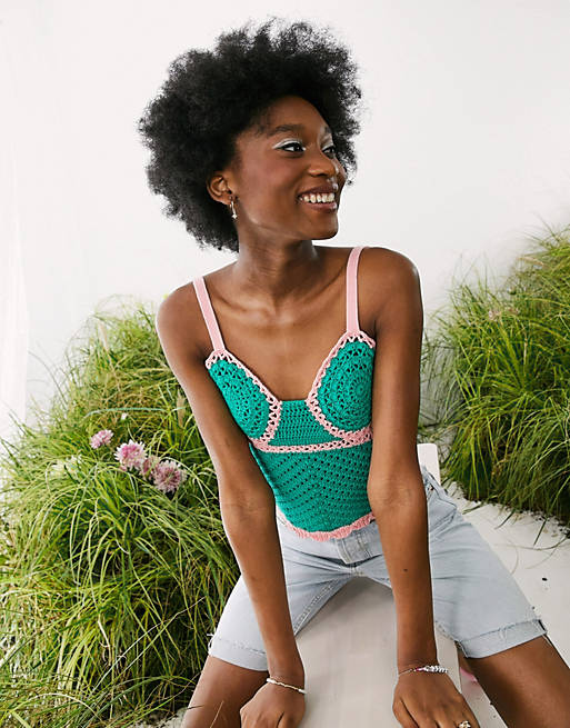 Women cami top with crochet cup detail in green/ pink 