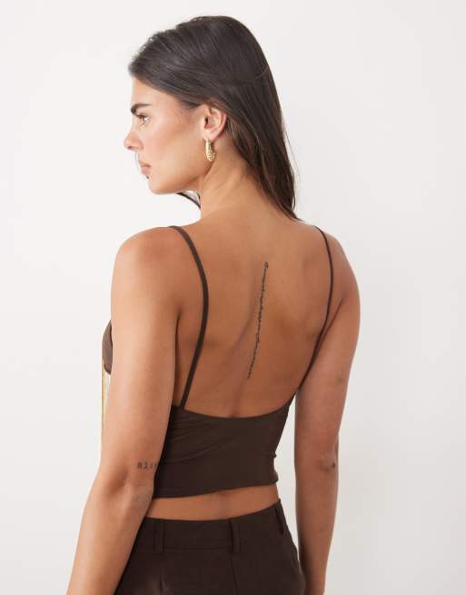ASOS DESIGN cami top with fringing in brown, 4 of 4