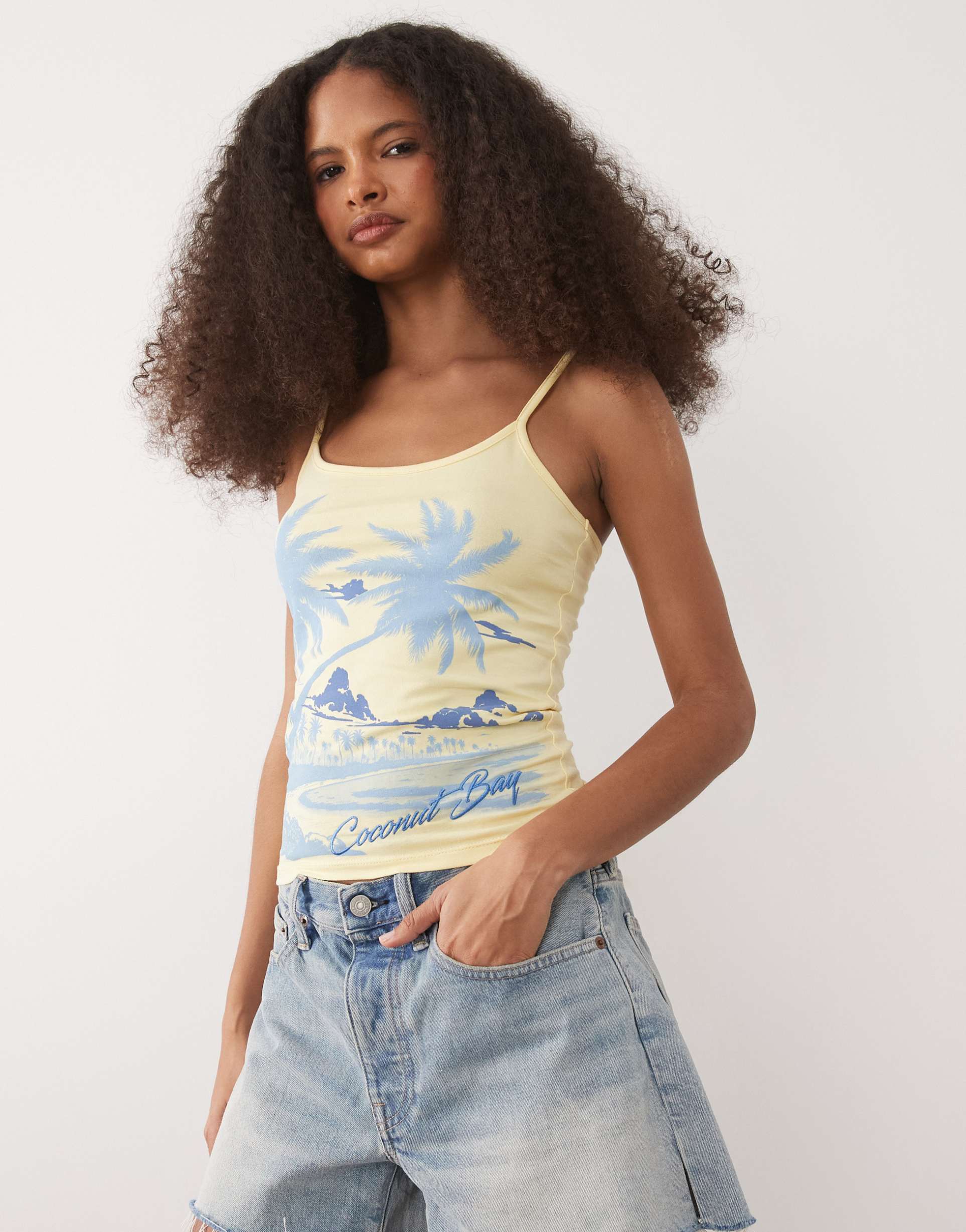 asos design cami top with island graphic in buttermilk