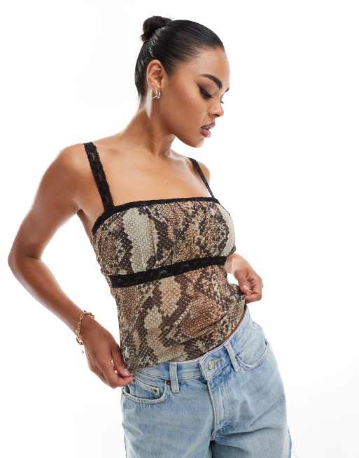 ASOS DESIGN cami top with lace detail in snake print