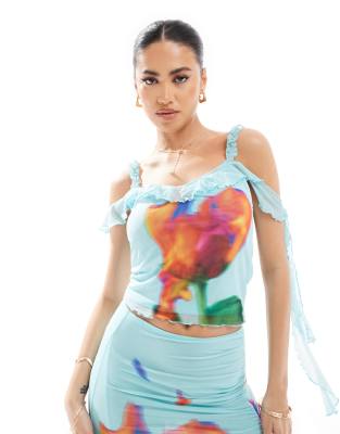 Asos Design Cami Top With Placement Rose Print In Blue - Part Of A Set