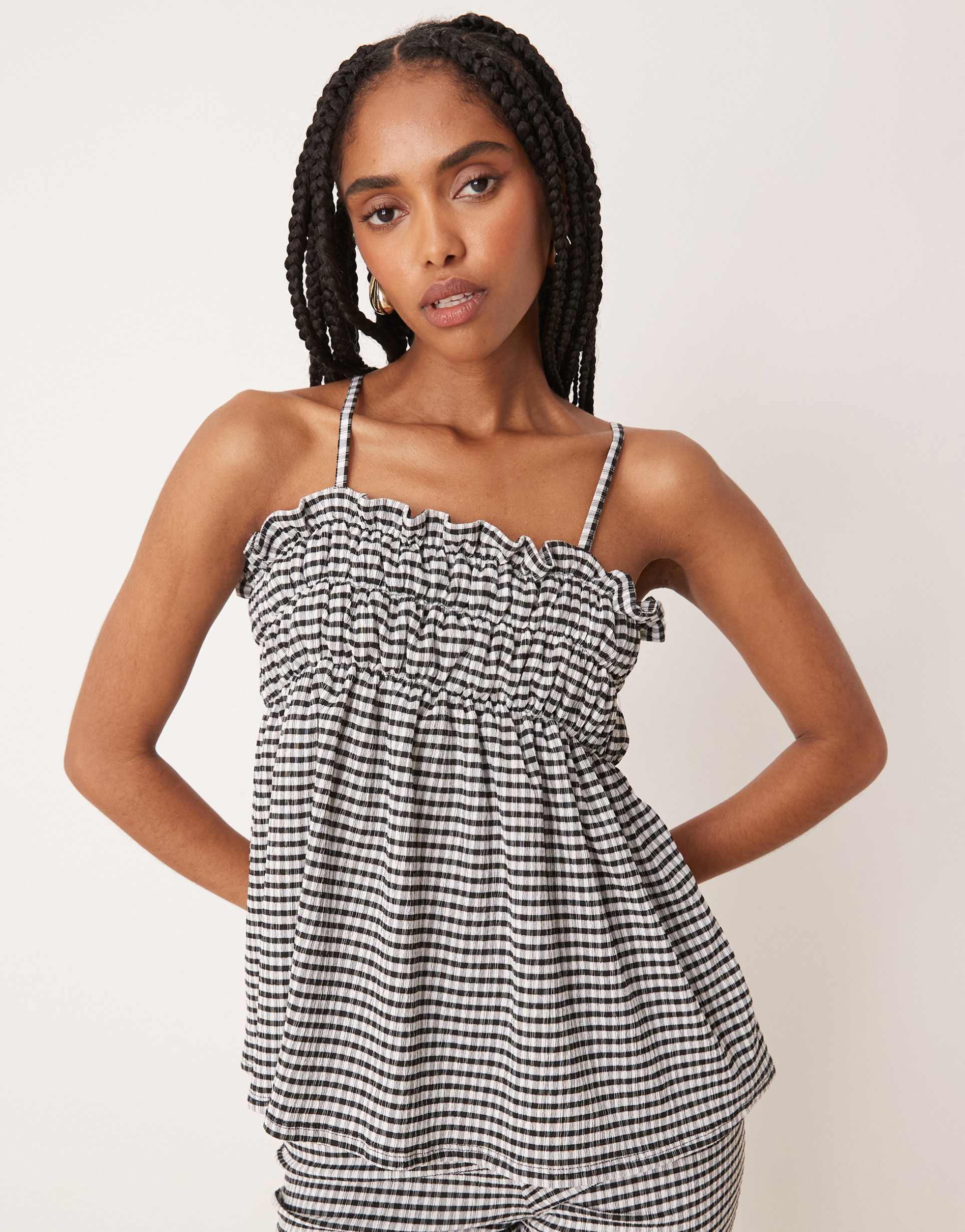 asos design cami top with ruffle detail in mono gingham - part of a set