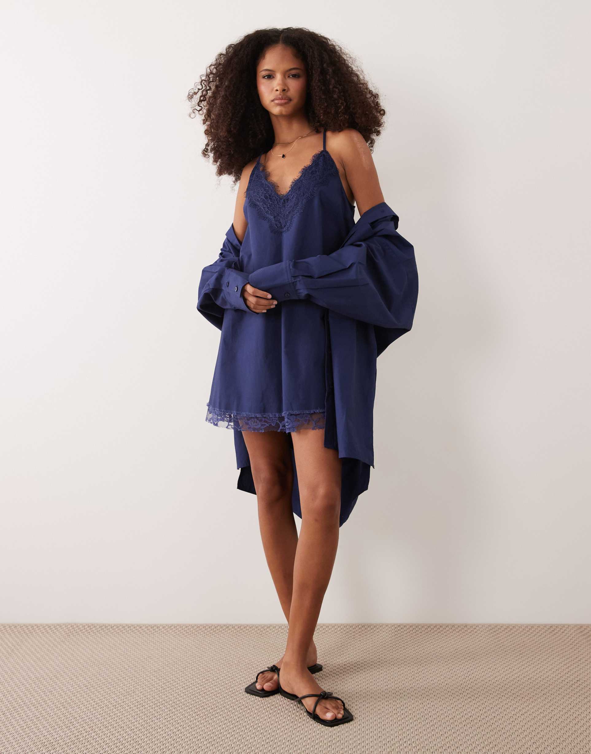 asos design cami v-neck mini sundress with lace overlay in navy