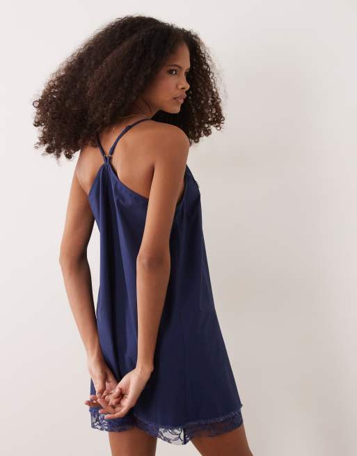 ASOS DESIGN cami v-neck mini sundress with lace overlay in navy , 4 of 4