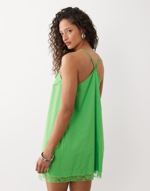 ASOS DESIGN cami v neck mini sundress with lace overlay in vibrant green, 4 of 4