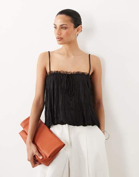 ASOS DESIGN - Cami van kreukelstof met bolle zoom en rand van mesh in zwart - view 1