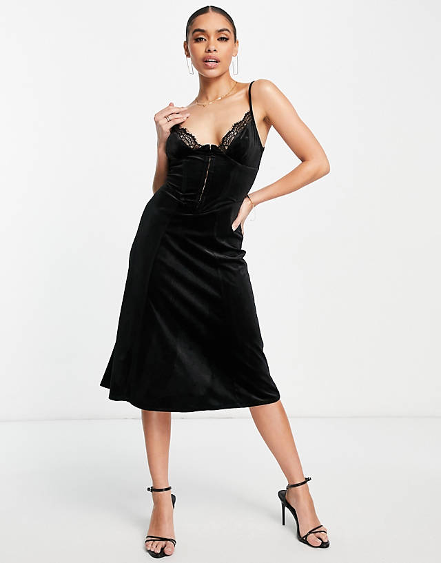 ASOS DESIGN cami velvet corseted midi dress with hook and eye in black
