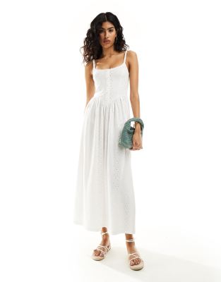 Asos Design Cami With Button Front Princess Seam With Full Skirt Broderie Midi Dress In White