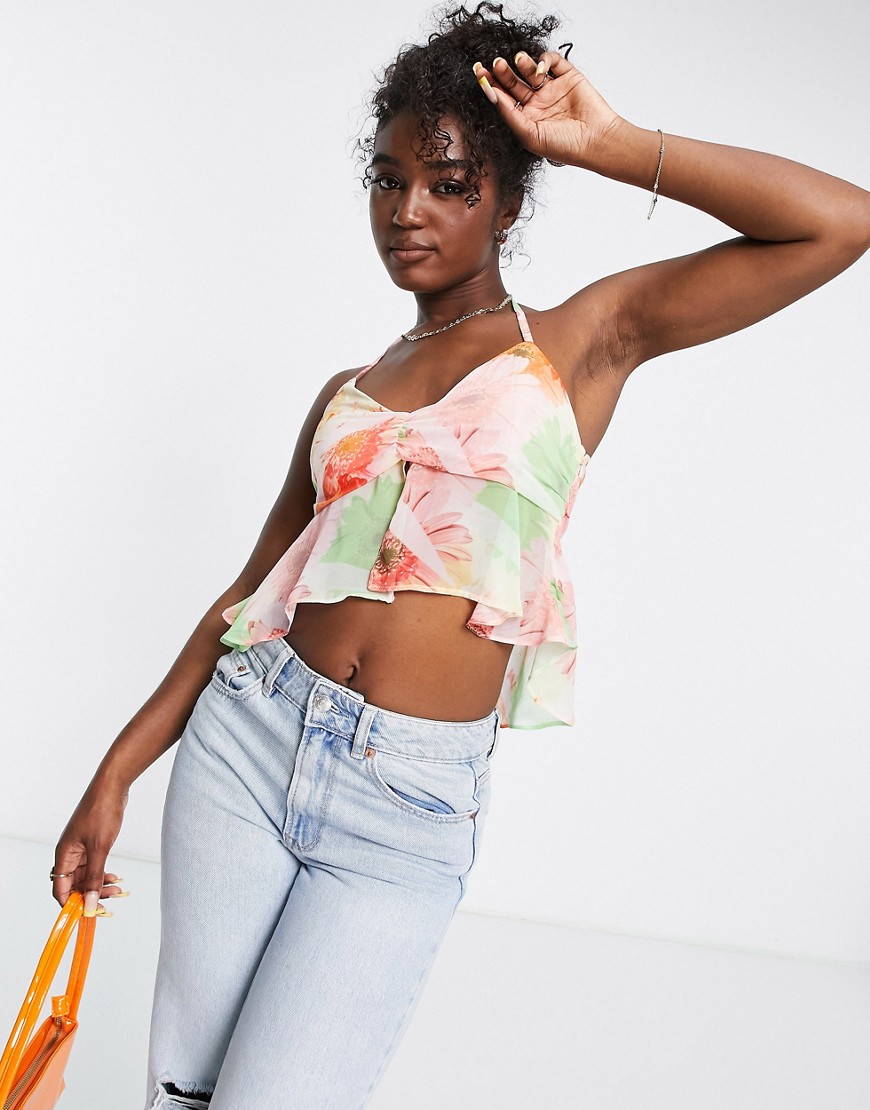 ASOS DESIGN cami with ruched bust & split front in floral print-Multi