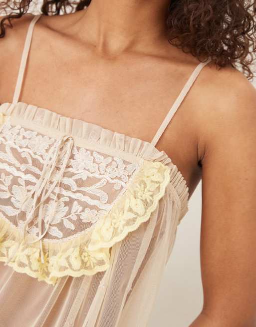 ASOS DESIGN cami with ruffle lace detail and ribbon tie in light pink, 2 of 4