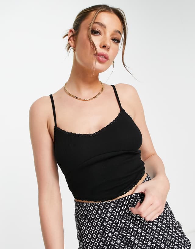 ASOS DESIGN cami with scarf hem and lace trim in black